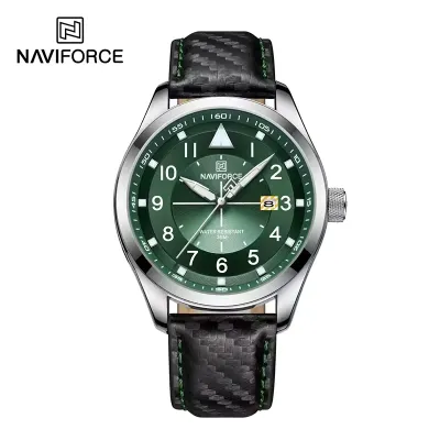 NAVIFORCE NF8022 Original New Men Business Watches Waterproof Leather Sport Wristwatch Quartz Date Display Male Clock - Silver Green